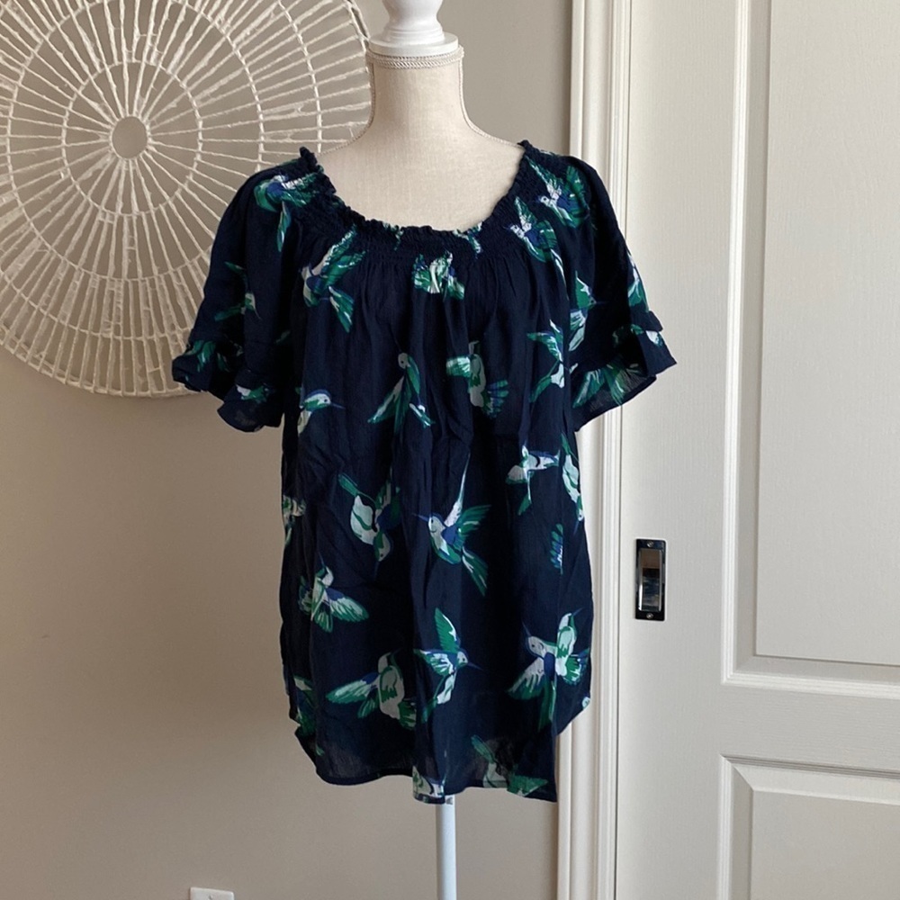 Joe Fresh - Off the Shoulder Navy Top with Green & White Birds​​​​​​​​​​​​​​​